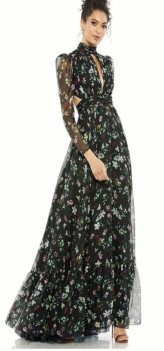 NWT Mac Duggal 67942 Black Floral Chiffon Lace Up Back Gown Dress Sz 2